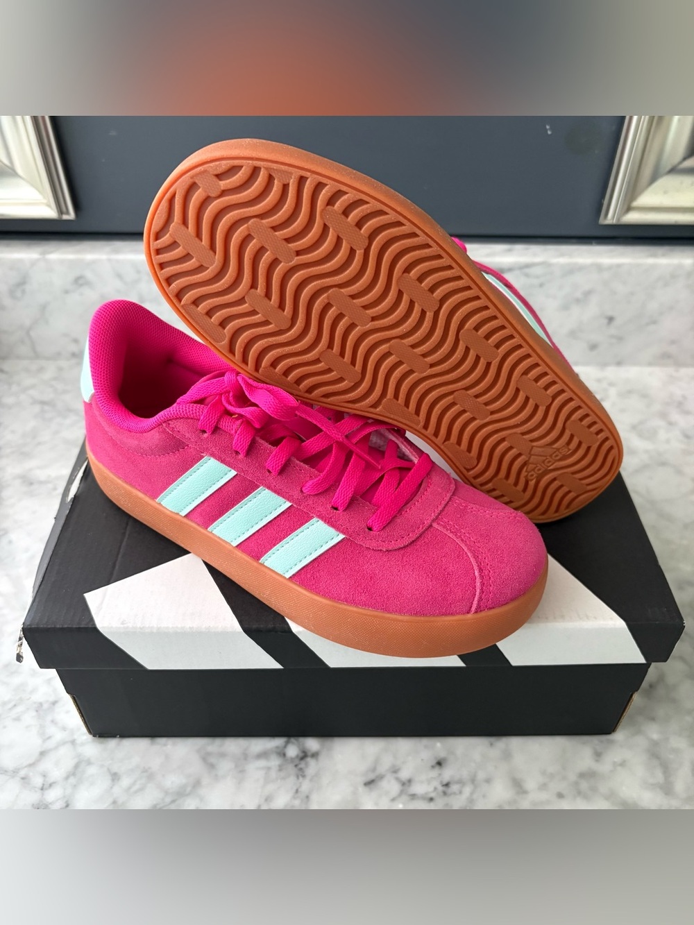 Adidas VL Court 3.0 Youth Kid Sneakers Size 3 Girl Pink Teal Gum Lace Up Shoe